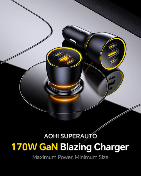 AOHI SuperAuto 170W GaN Car Charger PD3.1 Fast Charging 2 USB-C 1 USB-A Black