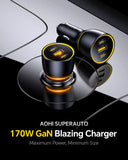 AOHI SuperAuto 170W GaN Car Charger PD3.1 Fast Charging 2 USB-C 1 USB-A Black