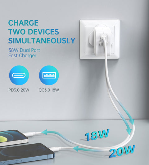 Choetech 38W Dual USB C + USB A Port Charger - White