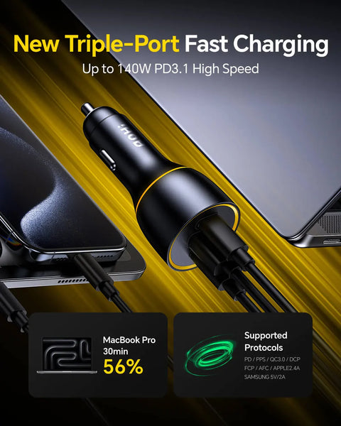 AOHI SuperAuto 170W GaN Car Charger PD3.1 Fast Charging 2 USB-C 1 USB-A Black