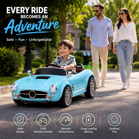 Premium 12V RC Kids Electric Ride-On Retro Car with Parent Remote Control, Music System, LED Lights, Soft Start, USB/AUX, Rechargeable Battery, 30Kg Load Capacity for Ages 3–8