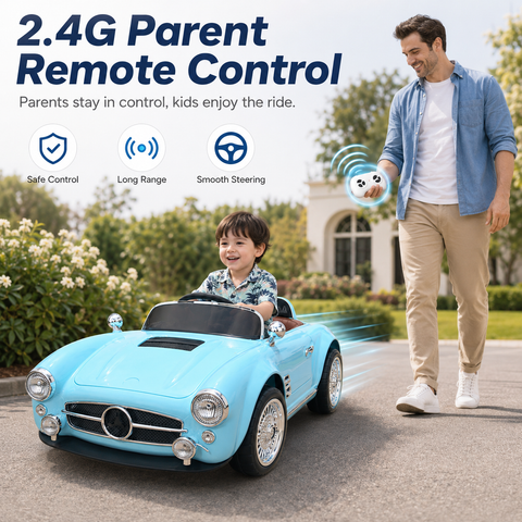 Premium 12V RC Kids Electric Ride-On Retro Car with Parent Remote Control, Music System, LED Lights, Soft Start, USB/AUX, Rechargeable Battery, 30Kg Load Capacity for Ages 3–8
