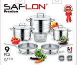 Saflon Stainless Steel Premium Cookware Set 9 Pieces Pots 20+24 +28 cm + Frypan 20+24 cm + Stainless Steel Basket 22 cm