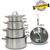 Osfe Home Cooking 316 High Quality 10-Piece Luxury Triply Stainless Steel Non Stick Cookware Set With Glass Lid (32-28-24-20 cm Pots and Pan 28 cm)