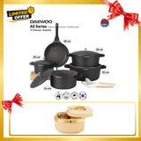 Pre-Order Daewoo AS Series Granite Cooking Set of 11 Pcs (32,28,24 cm Pot, 26 cm Pan, 20 cm Casserole) with 8 Pcs Silicone Pot Handle and Free Food Warmer 6 L