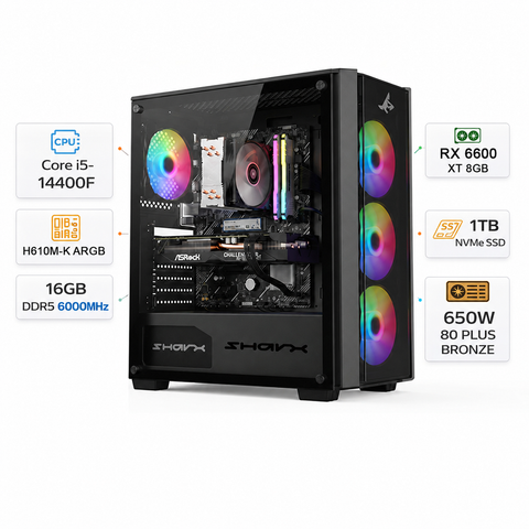 Custom Gaming PC Intel Core i5-14400F, AMD Radeon RX 6600 XT 8GB, 16GB DDR5 6000MHz, 1TB NVMe SSD, Windows 11 Pro