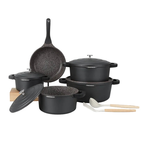 Pre-Order Daewoo AS Series Granite Cooking Set of 11 Pcs (32,28,24 cm Pot, 26 cm Pan, 20 cm Casserole) with 8 Pcs Silicone Pot Handle and Free Food Warmer 6 L