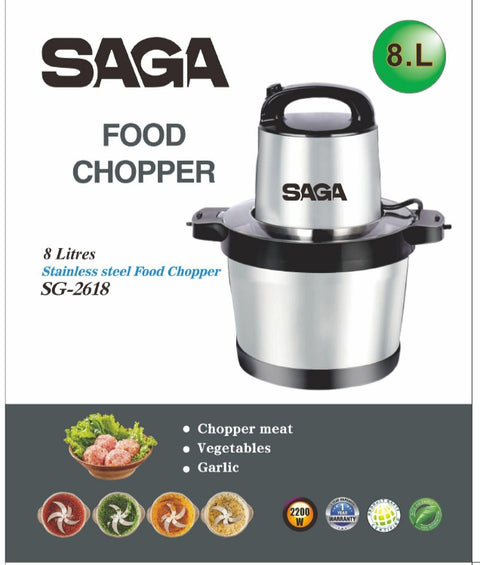 Saga 8L Food Chopper with 4 Stainless Steel Blades & 2-Speed Control - SG-2618