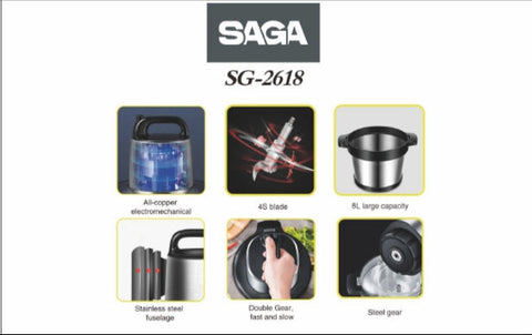 Saga 8L Food Chopper with 4 Stainless Steel Blades & 2-Speed Control - SG-2618