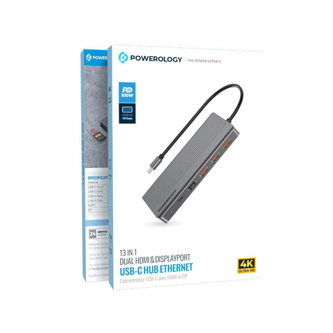 Powerology, 13-in-1 USB-C Hub, 4K HDMI, 100W PD, Ethernet, SD/MicroSD, 3.5mm AUX