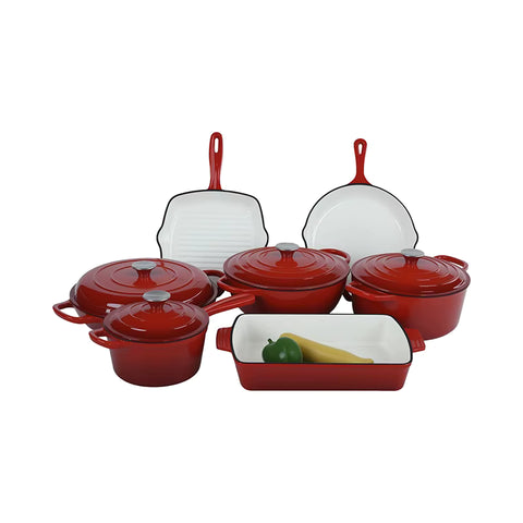 OSFE 11 PCS Enameled Cast Iron Cookware Set (24, 26, 30, 19cm) Pots, (33, 26,25 cm) Pans - Red