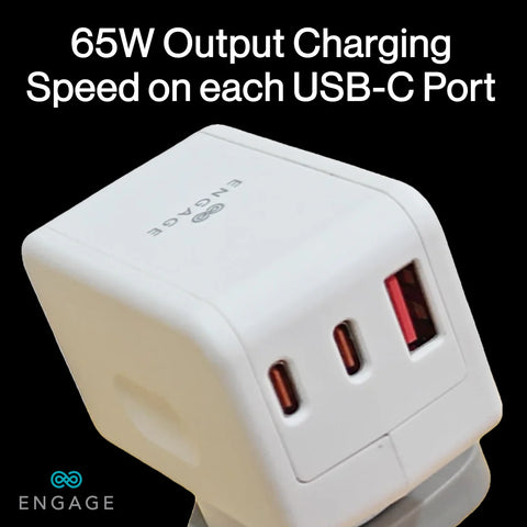 Engage, Dual USB-C + USB-A Power Adapter (65W) with 180° Rotating Plug