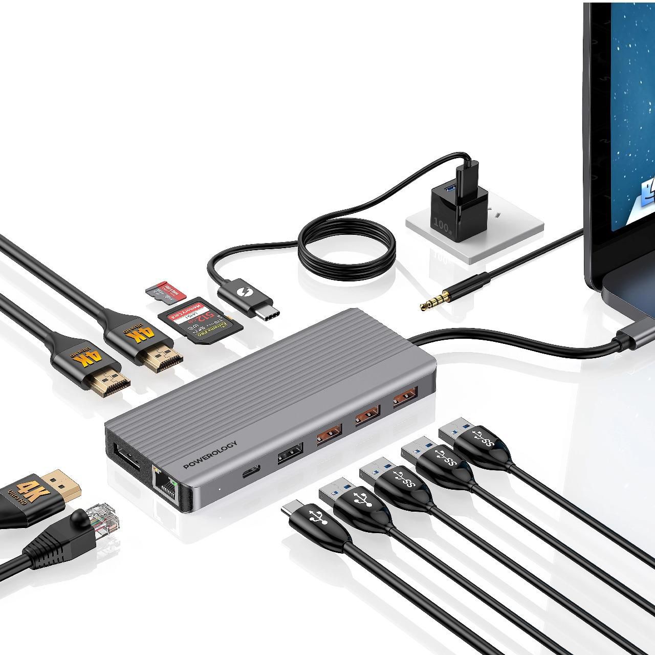 Powerology, 13-in-1 USB-C Hub, 4K HDMI, 100W PD, Ethernet, SD/MicroSD, 3.5mm AUX Powerology, 13-in-1 USB-C Hub, 4K HDMI, 100W PD, Ethernet, SD/MicroSD, 3.5mm AUX