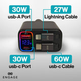 Engage, 4-in-1 Car Charger with Retractable Cables (USB-C/Lightning) & Dual USB Ports (120W)