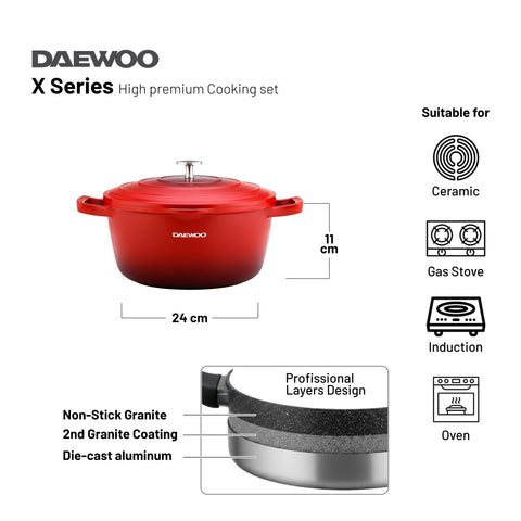 Daewoo TS Series Granite Cooking Set of 9 Pcs (32,28,24 cm Pot, 28 cm Pan, 28 cm Casserole) with 4 Pcs Silicone Pot Handle - Red