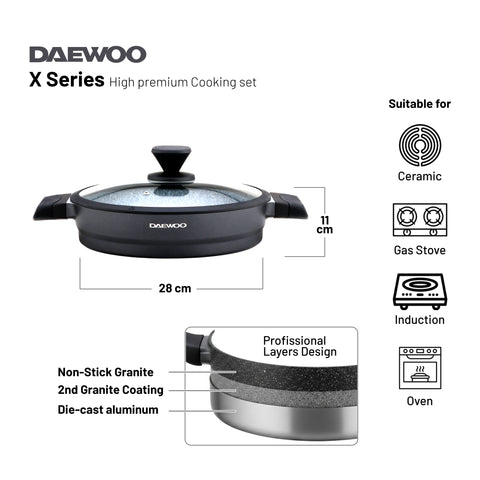Daewoo X Series Non-Stick Granite Coating Cookware Set Of 11 pcs (32,28,24 cm Pot, 28 cm Pan, 28 cm Casserole), 2 Pcs of Utensil Tools - Black