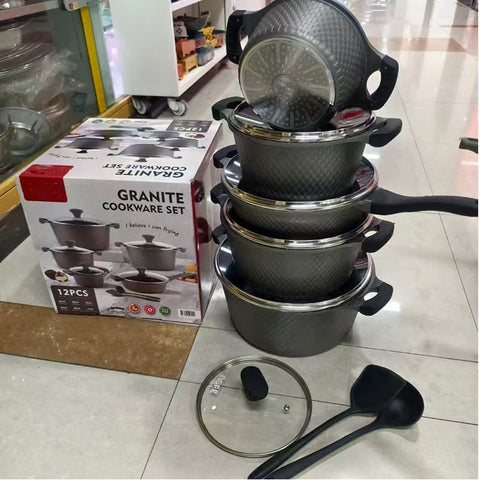 OSFE 12 PCS Aluminum Nonstick Granite Cookware Set (32, 28, 24, 20 cm Pots, 28 cm Pan with 2 Pcs of Utensil Tools) - Grey