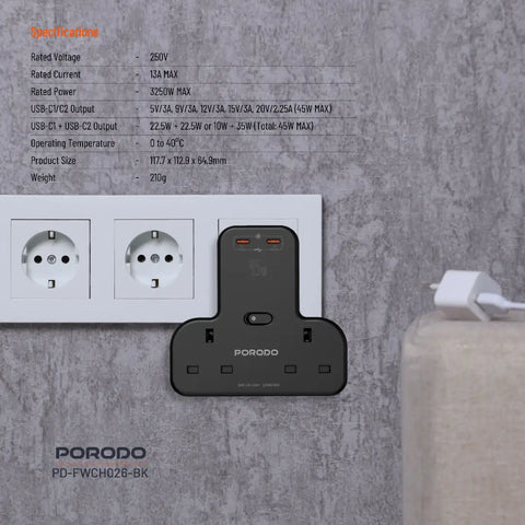 Porodo Multi-Port Wall Socket - Black