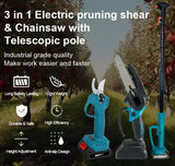 3-in-1 Portable Electric Cordless Pruning Shear & Chainsaw with Telescopic Pole & 2 Batteries
