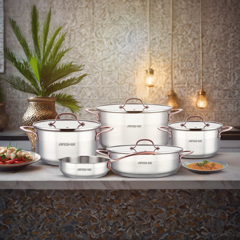 Arshia SS064-3175, 9-Piece Stainless Steel Cookware Set With Copper Handle
