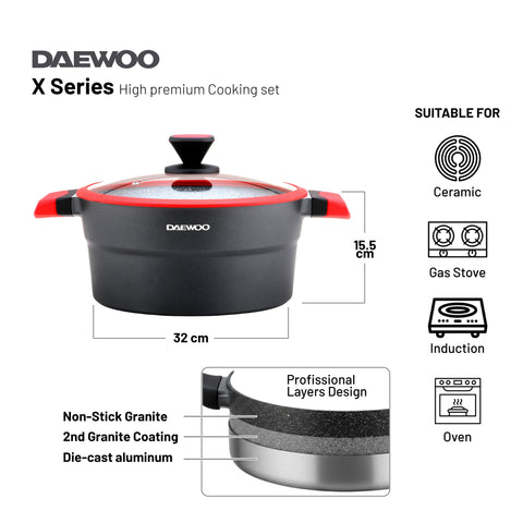 Daewoo X Series 11 Piece Granite Cooking Set (32,28,24 cm Pot, 28 cm Pan, 28 cm Casserole), 2 Pcs of Utensil Tools - Black/Red