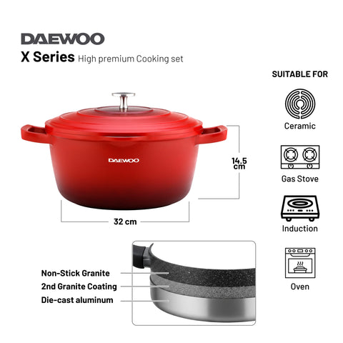 Daewoo TS Series Granite Cooking Set of 9 Pcs (32,28,24 cm Pot, 28 cm Pan, 28 cm Casserole) with 4 Pcs Silicone Pot Handle - Red