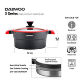 Daewoo X Series 11 Piece Granite Cooking Set (32,28,24 cm Pot, 28 cm Pan, 28 cm Casserole), 2 Pcs of Utensil Tools - Black/Red