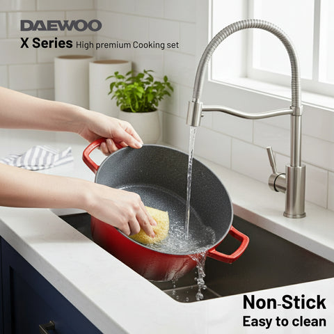 Daewoo TS Series Granite Cooking Set of 9 Pcs (32,28,24 cm Pot, 28 cm Pan, 28 cm Casserole) with 4 Pcs Silicone Pot Handle - Red