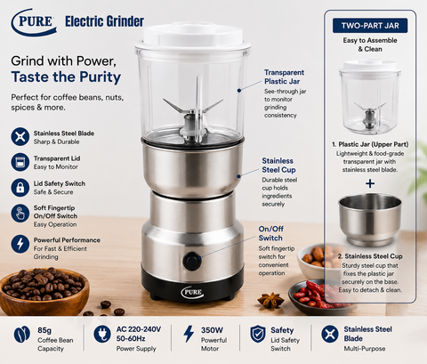 PURE 2-in-1 Electric Kitchen Grinder for Coffee, Nuts, Grains & Spices – 350 W