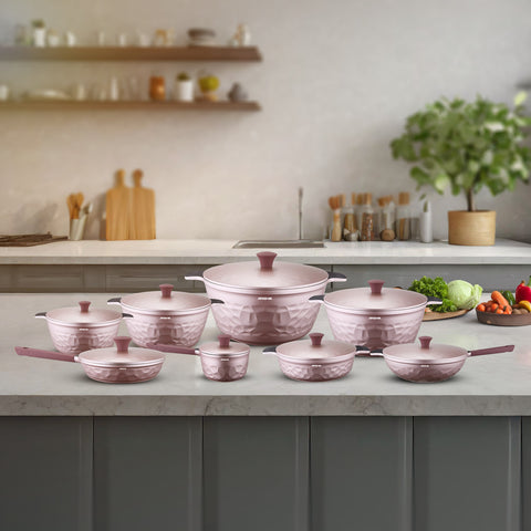 Arshia CO110-3302, 16-Piece Pink Diamond Non-Stick Die-Cast Aluminium Cookware Set