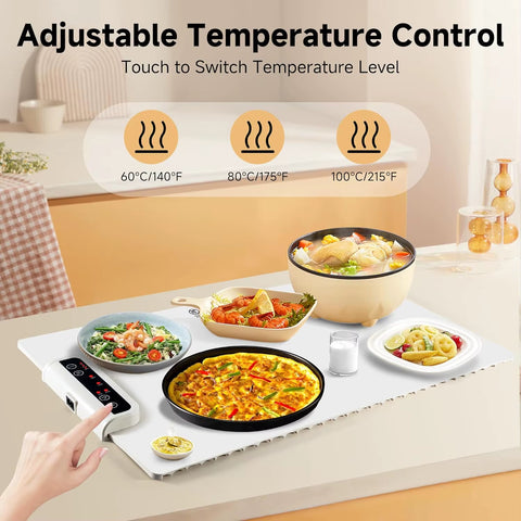 حصيرة كهربائية متطورة لتدفئة الطعام 60×38 سم، تسخين متساوٍ على كامل السطح، تحكم باللمس من 50 إلى 100°م، مؤقت 1–6 ساعات وقفل أمان، من السيليكون ومتعددة الاستخدامات للمطبخ