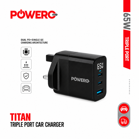 شاحن Powero+ Titan بتقنية GaN وثلاثة منافذ بقدرة 65W - أسود