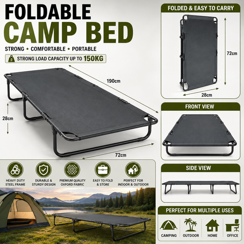 Heavy Duty Foldable Camping Bed 190 x 72 x 28 cm, with 150Kg Load Capacity