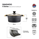 Daewoo X Series 11 Pcs Granite Cooking Set 32,28,24 cm Pot, 28 cm Pan, 28 cm Casserole with 2 Pcs of Utensil Tools - Black & Brown