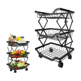 3 Layer Adjustable Foldable Movable Storage Rack with 360° Rolling Wheels & Mesh Baskets for Kitchen Organization