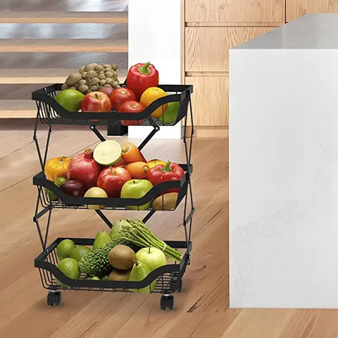 3 Layer Adjustable Foldable Movable Storage Rack with 360° Rolling Wheels & Mesh Baskets for Kitchen Organization