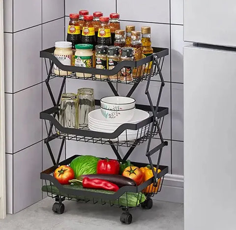 3 Layer Adjustable Foldable Movable Storage Rack with 360° Rolling Wheels & Mesh Baskets for Kitchen Organization
