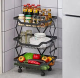 3 Layer Adjustable Foldable Movable Storage Rack with 360° Rolling Wheels & Mesh Baskets for Kitchen Organization