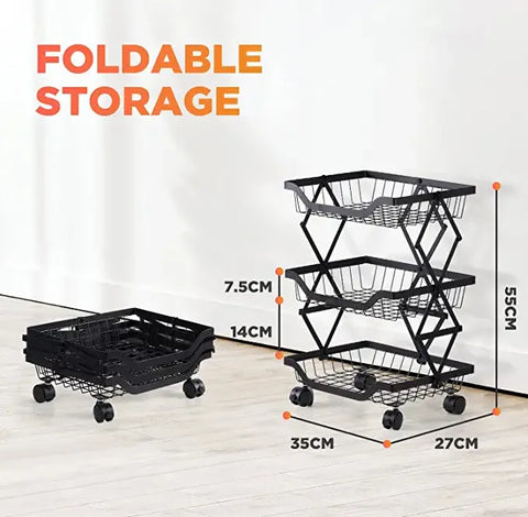 3 Layer Adjustable Foldable Movable Storage Rack with 360° Rolling Wheels & Mesh Baskets for Kitchen Organization