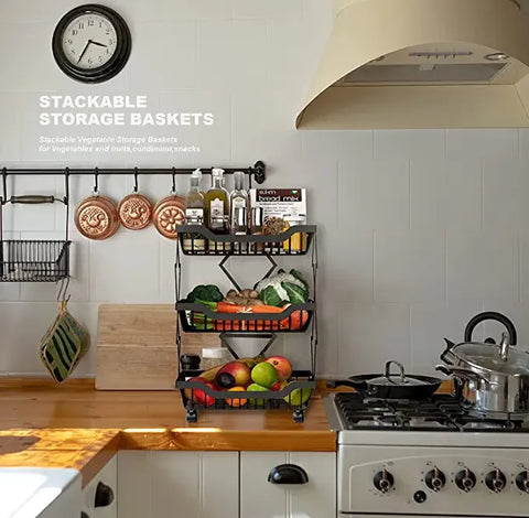 3 Layer Adjustable Foldable Movable Storage Rack with 360° Rolling Wheels & Mesh Baskets for Kitchen Organization
