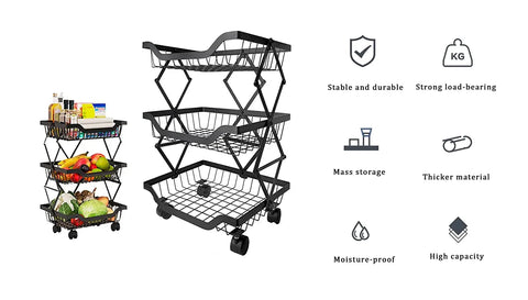 3 Layer Adjustable Foldable Movable Storage Rack with 360° Rolling Wheels & Mesh Baskets for Kitchen Organization