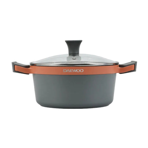 دايو طقم قدور جرانيت من سلسلة دايو H مكون من 9 قطع: قدر بأحجام 28، 24، 20 سم، ومقلاة بحجم 26 سم، بالإضافة إلى قطعتين من أدوات الطبخ