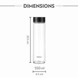 Borosil Neo 550ml Clear Borosilicate Glass Water Bottle, Scratch Resistant Airtight Leakproof Refrigerator Safe Dishwasher Safe Bottle for Water, Juice and Infused Drinks