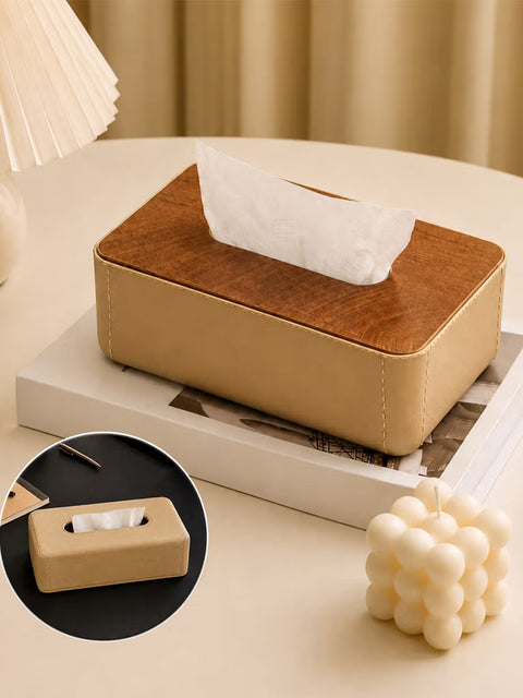 Reversible Tissue Box Holder with Wood & Leather Finish | K2850