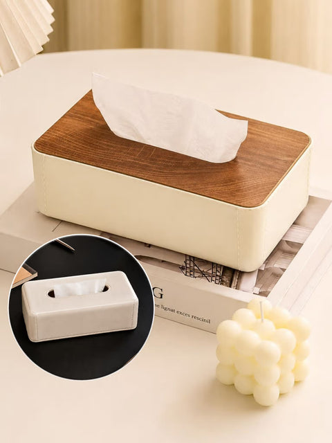 Reversible Tissue Box Holder with Wood & Leather Finish | K2850