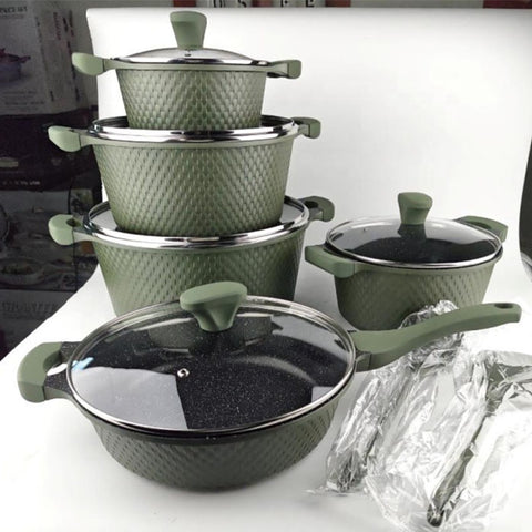 OSFE 12 PCS Aluminum Nonstick Granite Cookware Set (32, 28, 24, 20 cm Pots, 28 cm Pan with 2 Pcs of Utensil Tools) - Green