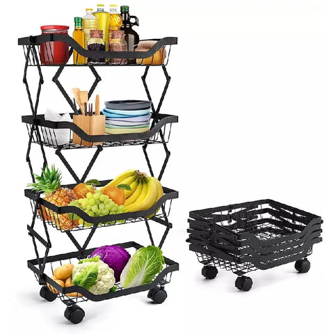 4 Layer Adjustable Foldable Movable Storage Rack with 360° Rolling Wheels & Mesh Baskets for Kitchen Organization