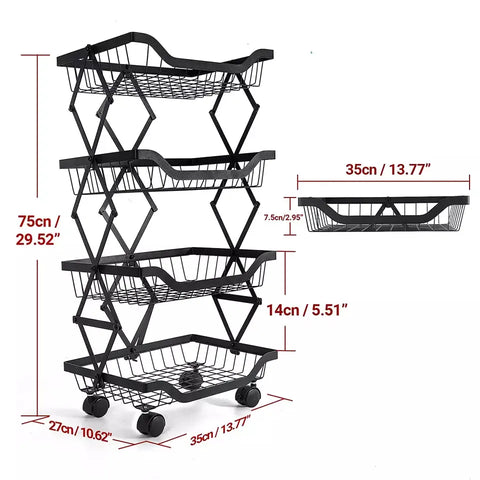 4 Layer Adjustable Foldable Movable Storage Rack with 360° Rolling Wheels & Mesh Baskets for Kitchen Organization