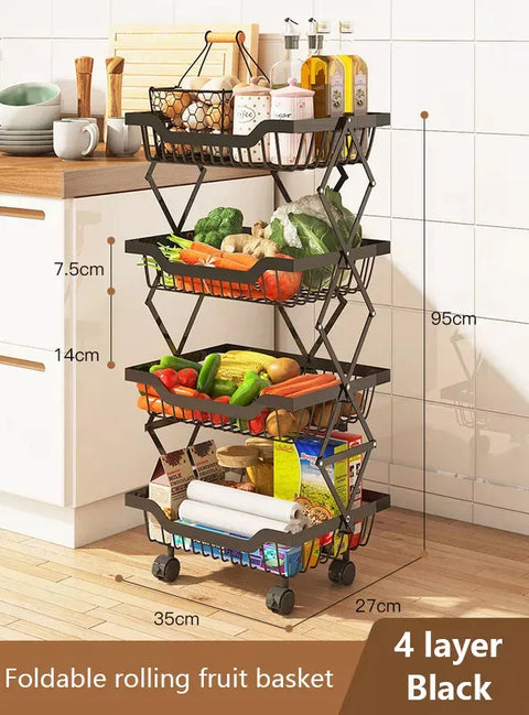 4 Layer Adjustable Foldable Movable Storage Rack with 360° Rolling Wheels & Mesh Baskets for Kitchen Organization
