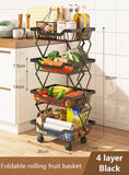 4 Layer Adjustable Foldable Movable Storage Rack with 360° Rolling Wheels & Mesh Baskets for Kitchen Organization